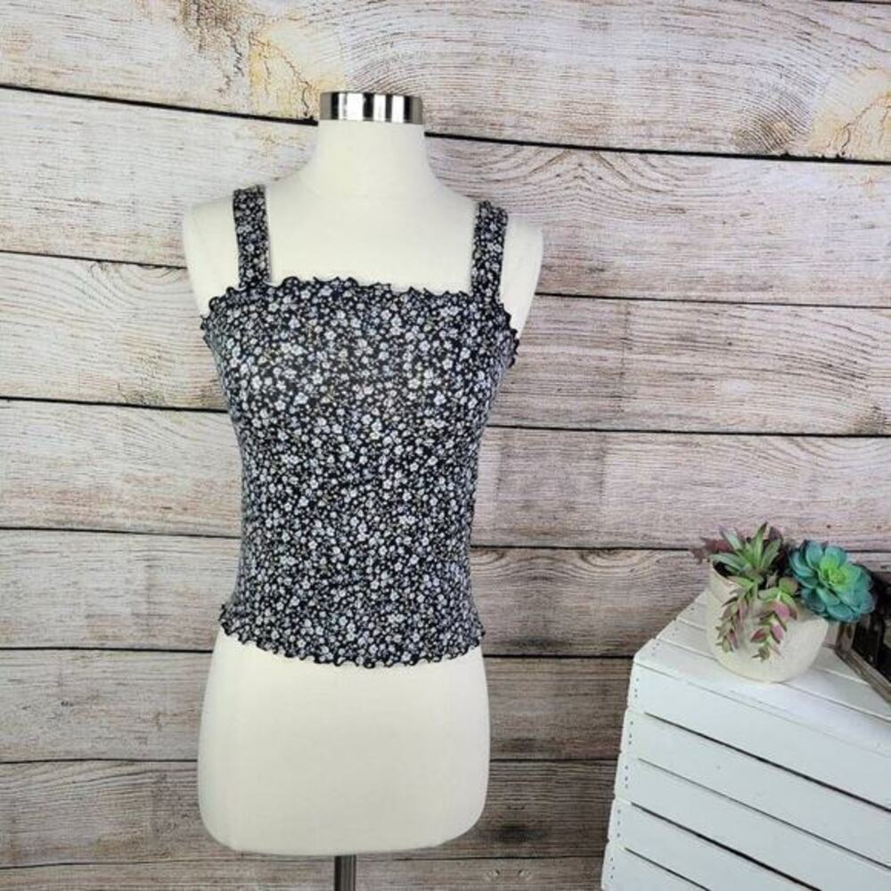5/$25 American Eagle AEO Ruffle Ditsy Black Floral Tank Top Size Extra Small